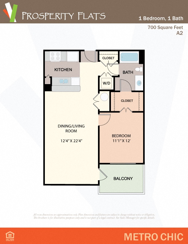 Floor plan for 1 bed, 1 bath, 700 sqft